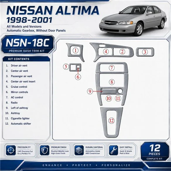 Nissan Altima 1998-2001 boîte automatique, sans porte panels, 12 pièces kit décoration intérieure tableau de bord