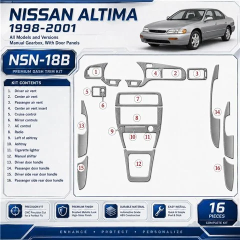 Nissan Altima 1998-2001 boîte manuelle, avec porte panels, 16 pièces kit décoration intérieure tableau de bord