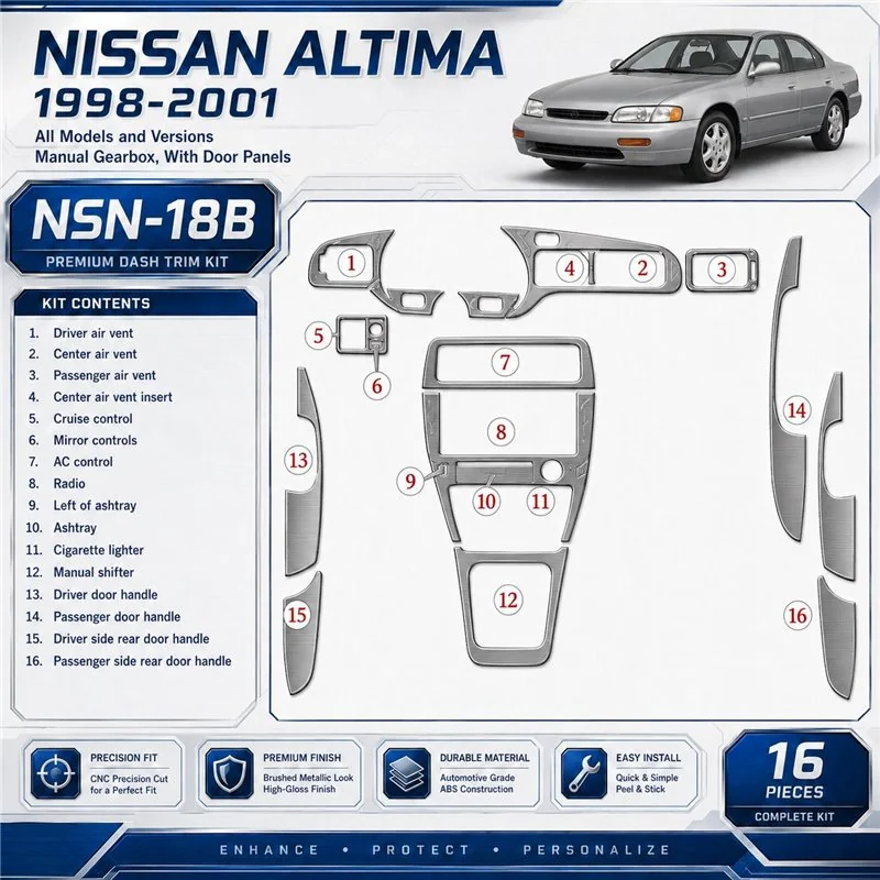 Nissan Altima 1998-2001 boîte manuelle, avec porte panels, 16 pièces kit décoration intérieure tableau de bord