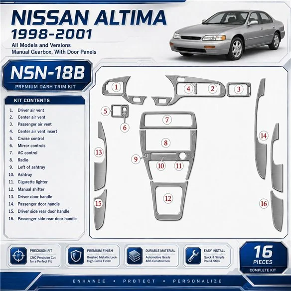 Nissan Altima 1998-2001 boîte manuelle, avec porte panels, 16 pièces kit décoration intérieure tableau de bord