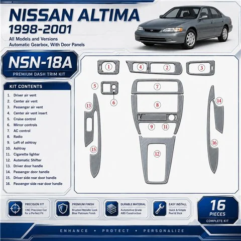 Nissan Altima 1998-2001 boîte automatique, avec porte panels, 16 pièces kit décoration intérieure tableau de bord