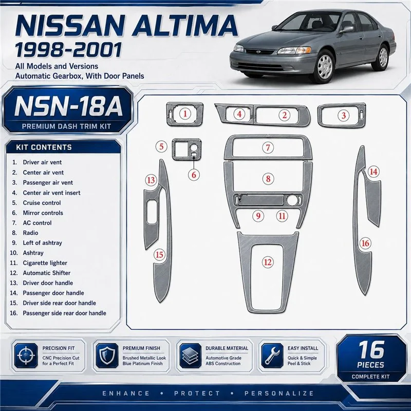 Nissan Altima 1998-2001 boîte automatique, avec porte panels, 16 pièces kit décoration intérieure tableau de bord