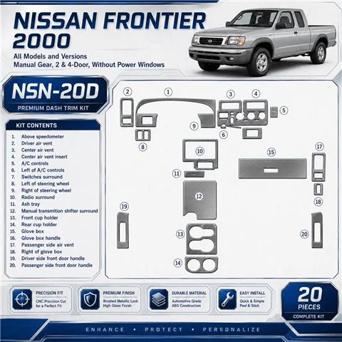 Nissan Frontier 2000-2000 boîte manuelle, 2 & 4 portes, sans Power Windows, 20 pièces kit décoration intérieure tableau de bord