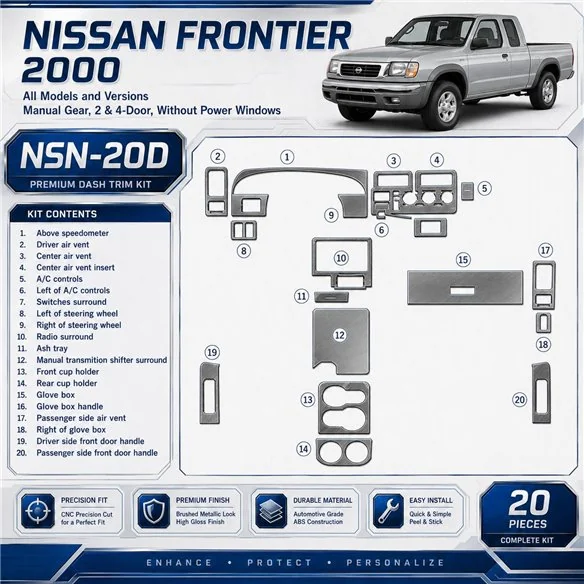 Nissan Frontier 2000-2000 boîte manuelle, 2 & 4 portes, sans Power Windows, 20 pièces kit décoration intérieure tableau de bord