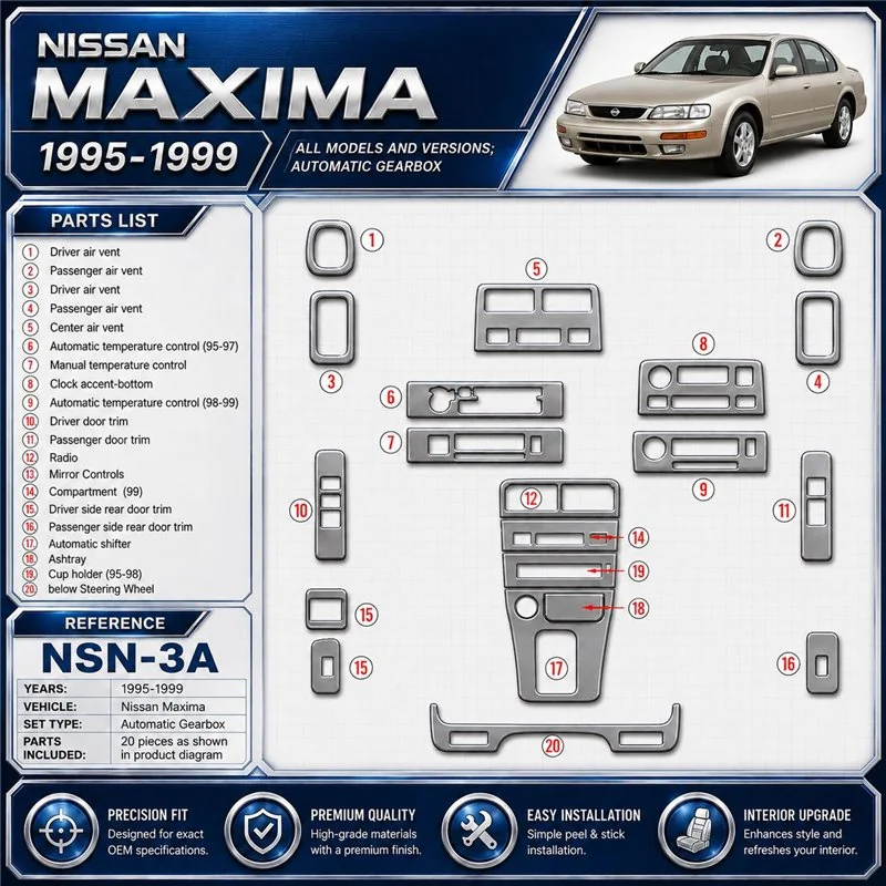 Nissan Maxima 1995-1999 boîte automatique, 21 pièces kit décoration intérieure tableau de bord