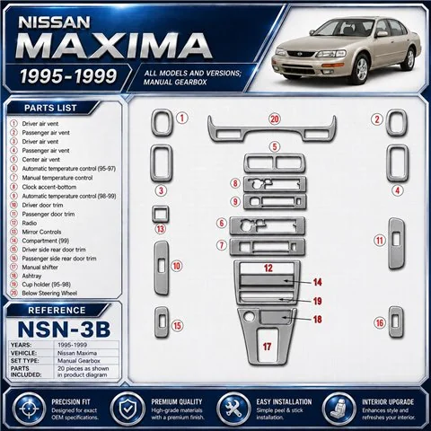 Nissan Maxima 1995-1999 boîte manuelle, 21 pièces kit décoration intérieure tableau de bord