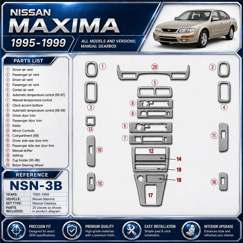 Nissan Maxima 1995-1999 boîte manuelle, 21 pièces kit décoration intérieure tableau de bord