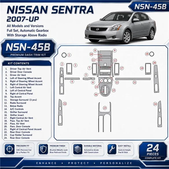 Nissan Sentra 2007 - à aujourd’hui kit complet, boîte automatique, avec Storage Above Radio kit décoration intérieure tableau de