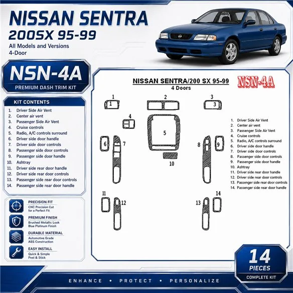 Nissan Sentra 1995-1999 4 portes, 14 pièces kit décoration intérieure tableau de bord