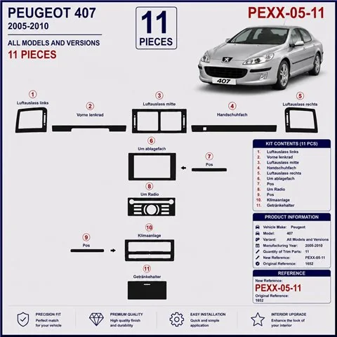 Peugeot 407 2005-2010 kit décor tableau de bord 3D, 11 pièces 2
