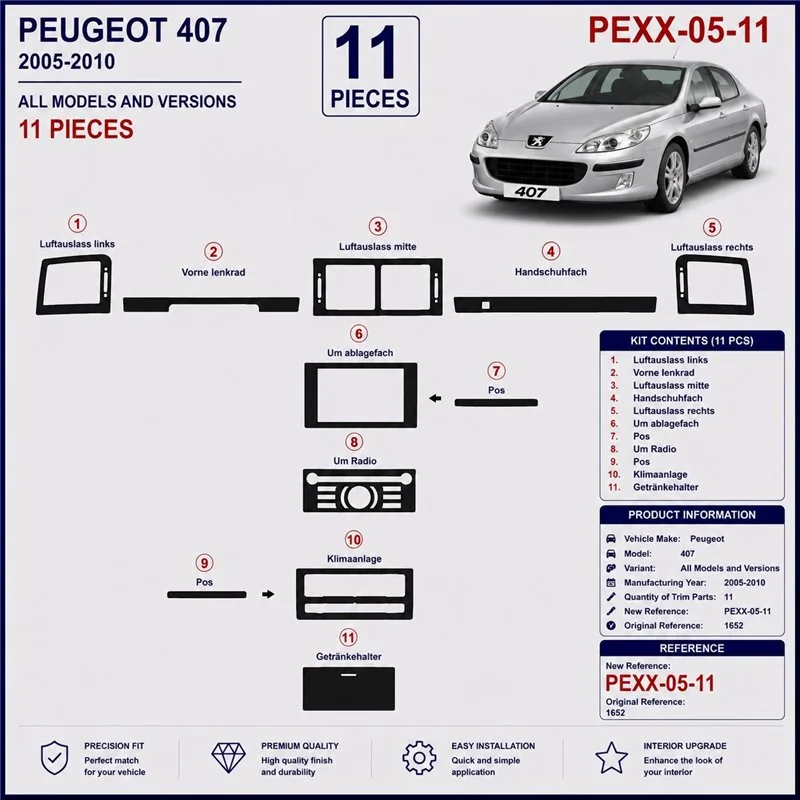 Peugeot 407 2005-2010 kit décor tableau de bord 3D, 11 pièces