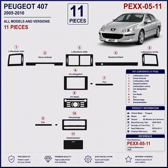Peugeot 407 2005-2010 kit décor tableau de bord 3D, 11 pièces