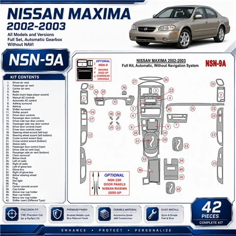 Nissan Maxima 2002-2003 kit complet, boîte automatique,sans navigation, kit décoration intérieure tableau de bord