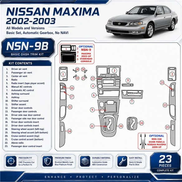 Nissan Maxima 2002-2003 kit de base, boîte automatique, No Navi, 23 pièces kit décoration intérieure tableau de bord