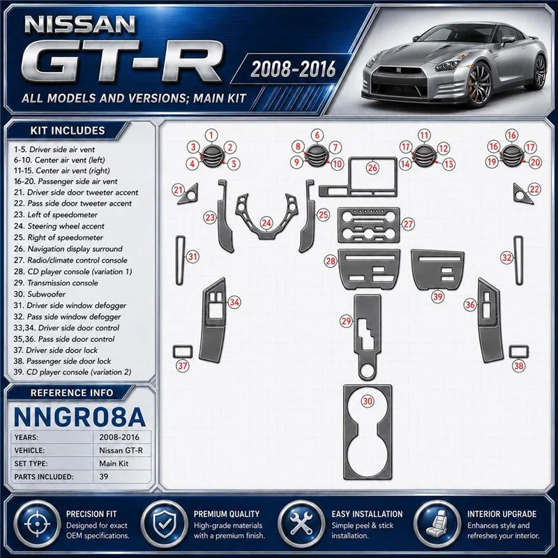 Nissan GT-R 2008-2016 main kit décoration intérieure tableau de bord, 39 Pcs