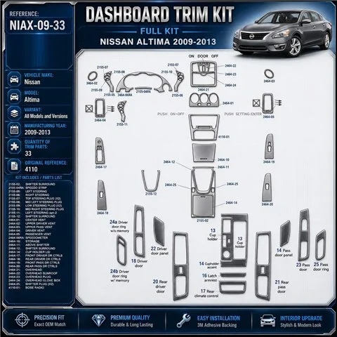 Nissan Altima 2009-2013 kit décoration intérieure tableau de bord 33 pièces