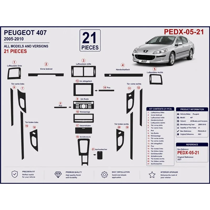 Peugeot 407 Doors 2005-2010 kit décor tableau de bord 3D, 21 pièces