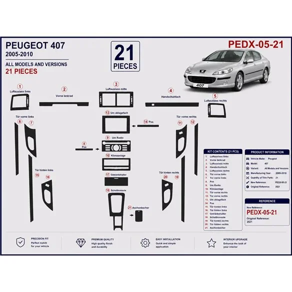 Peugeot 407 Doors 2005-2010 kit décor tableau de bord 3D, 21 pièces