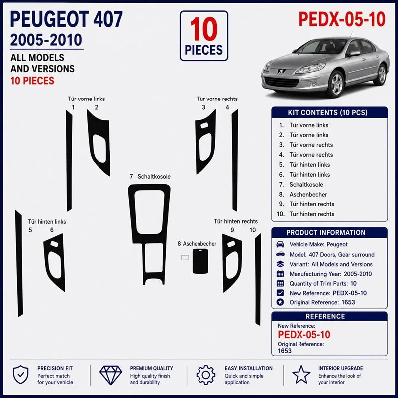 Peugeot 407 Doors 2005-2010 kit décor tableau de bord 3D, 10 pièces