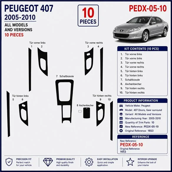 Peugeot 407 Doors 2005-2010 kit décor tableau de bord 3D, 10 pièces