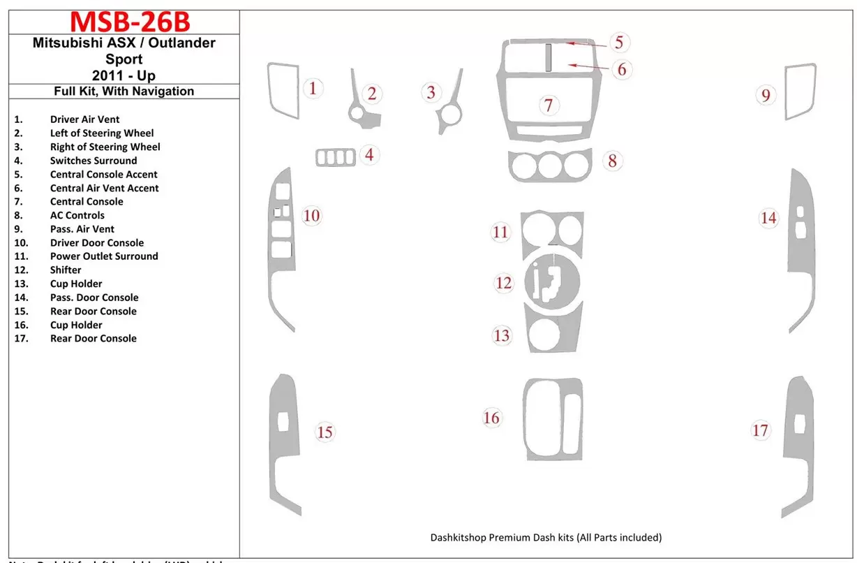 Mitsubishi ASX 2011-UP Ensemble Complet, Avec NAVI BD Kit la décoration du tableau de bord - 1 - habillage decor de tableau de b