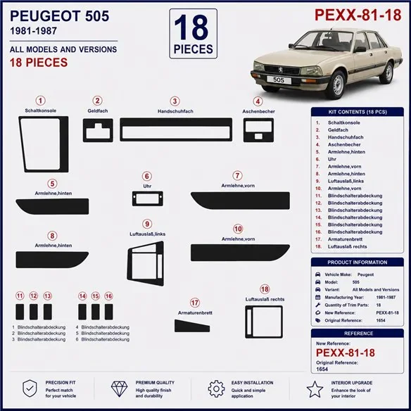 Peugeot 505 1981-1987 kit décor tableau de bord 3D, 18 pièces