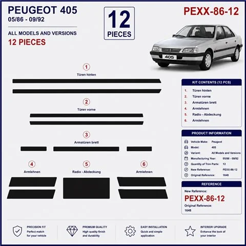 Peugeot 405 1986-1992 kit décor tableau de bord 3D, 12 pièces 2