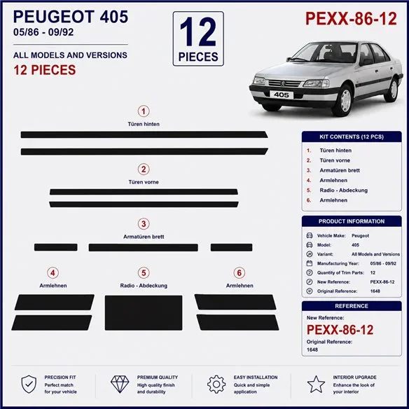 Peugeot 405 1986-1992 kit décor tableau de bord 3D, 12 pièces