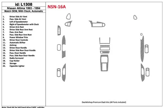 Nissan Altima 1993-1994 Boîte automatique, Avec watches, OEM Match, 19 Parts set BD Kit la décoration du tableau de bord - 1 - h