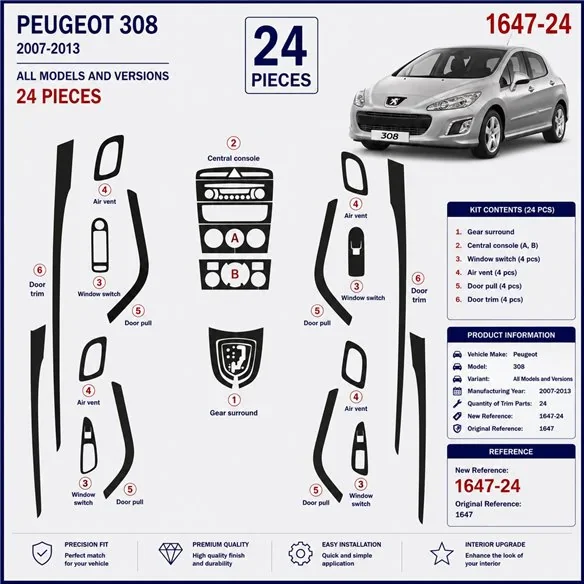 Peugeot 308 2007-2013 kit décor tableau de bord 3D, 24 pièces