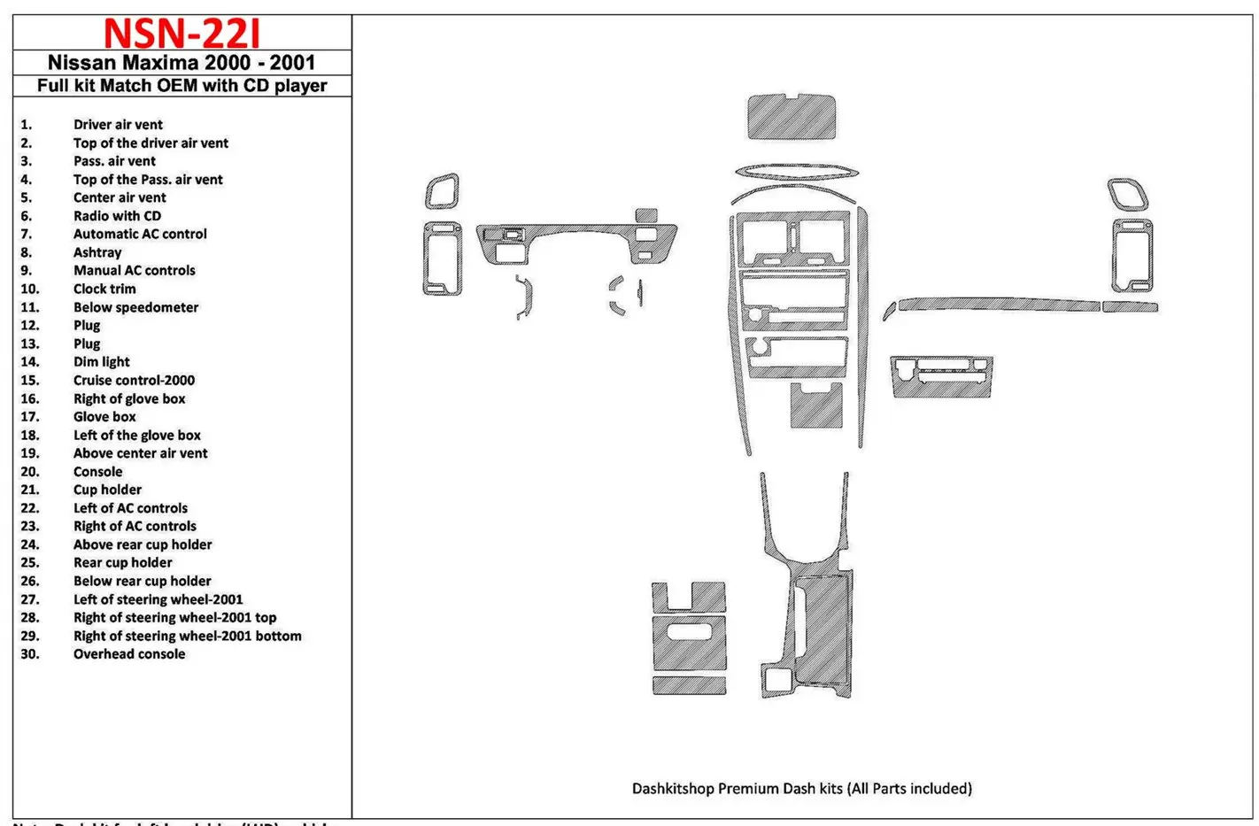 Nissan Maxima 2000-2001 Door panels, 4 Parts set BD Kit la décoration du tableau de bord - 1 - habillage decor de tableau de bor