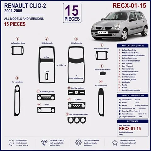 Renault Clio-2 2001-2005 kit décor tableau de bord 3D, 15 pièces 2