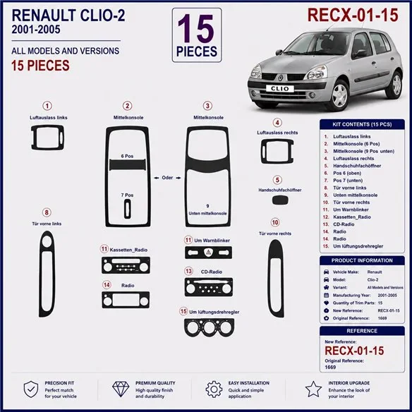 Renault Clio-2 2001-2005 kit décor tableau de bord 3D, 15 pièces