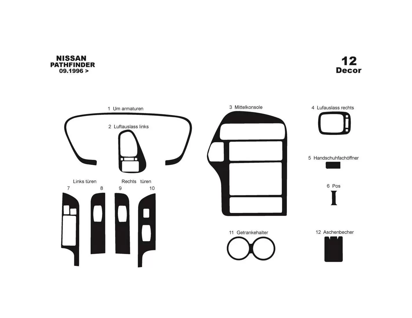 Nissan Pathfinder 96-01 Kit la décoration du tableau de bord 12-Pièce - 1 - habillage decor de tableau de bord