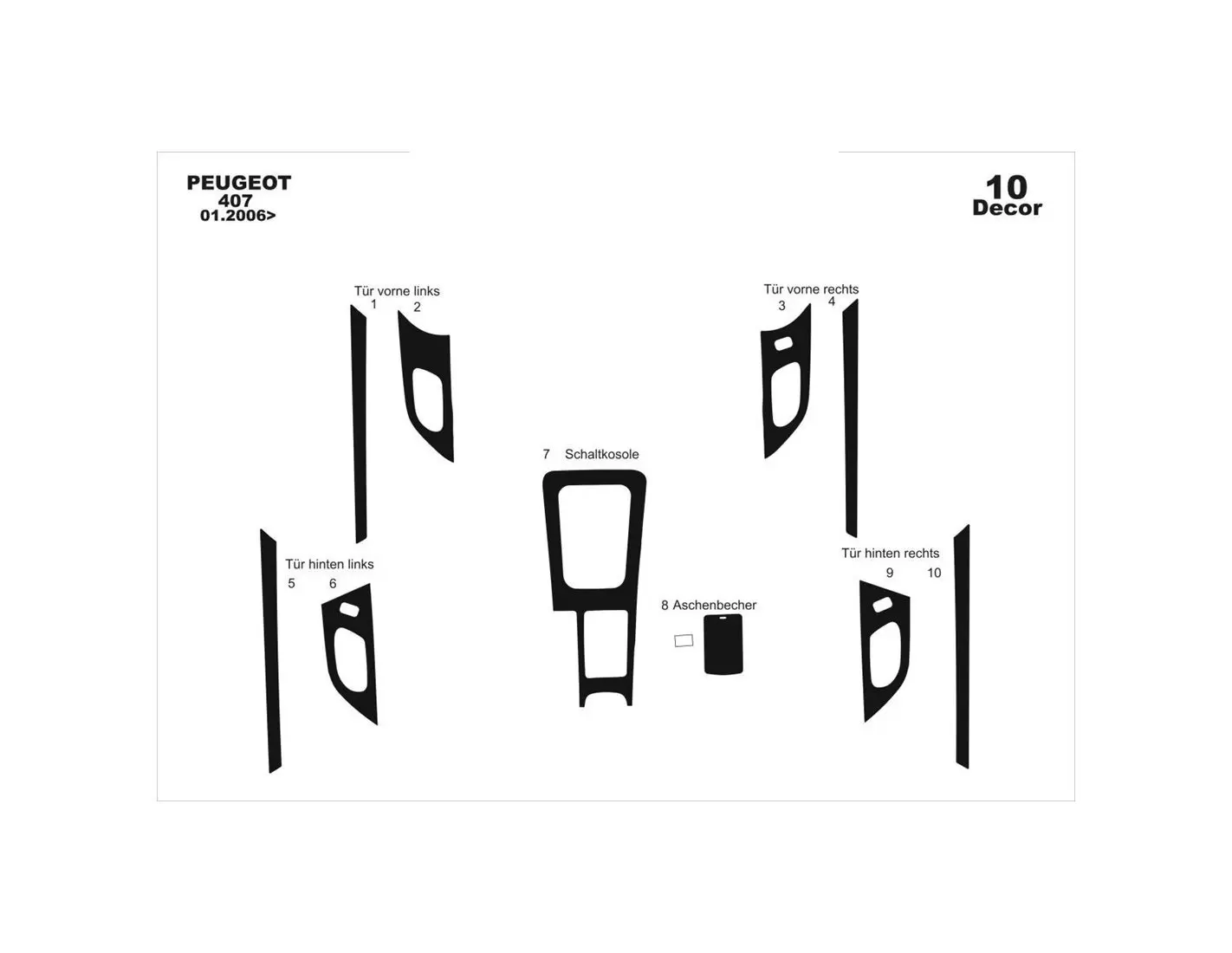 Peugeot 407 Des portes 05-10 Kit la décoration du tableau de bord 10-Pièce - 1 - habillage decor de tableau de bord
