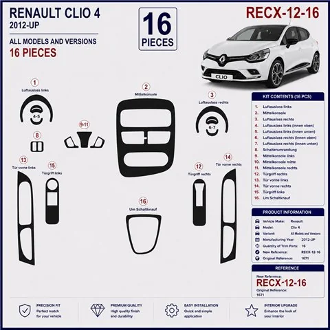 Renault Clio-4 2012+ kit décor tableau de bord 3D, 16 pièces 2