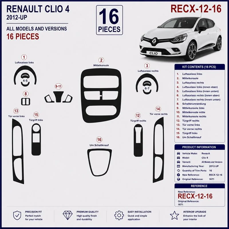 Renault Clio-4 2012+ kit décor tableau de bord 3D, 16 pièces