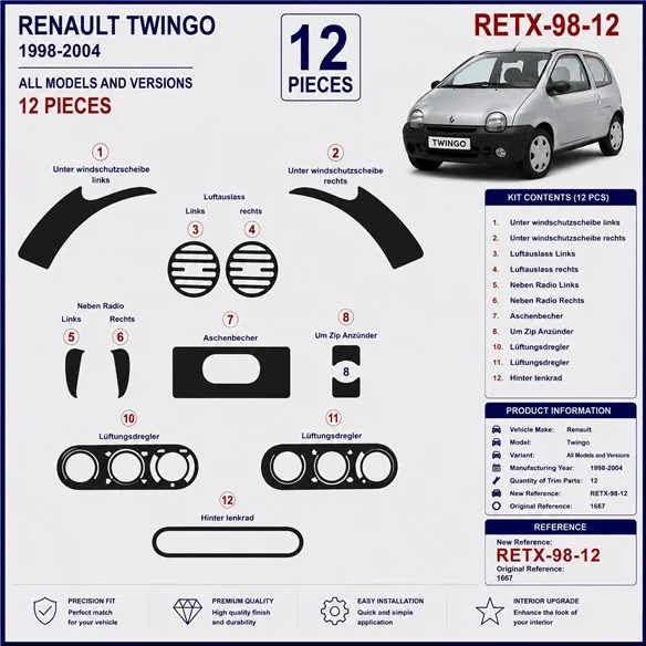Renault Twingo 1998-2004 kit décor tableau de bord 3D, 12 pièces