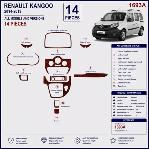 Renault Kangoo 2013-2019 kit décor tableau de bord 3D, 14 pièces 2