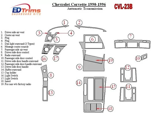 Chevrolet Corvette 1990-1996 Boîte automatique BD Kit la décoration du tableau de bord - 1 - habillage decor de tableau de bord