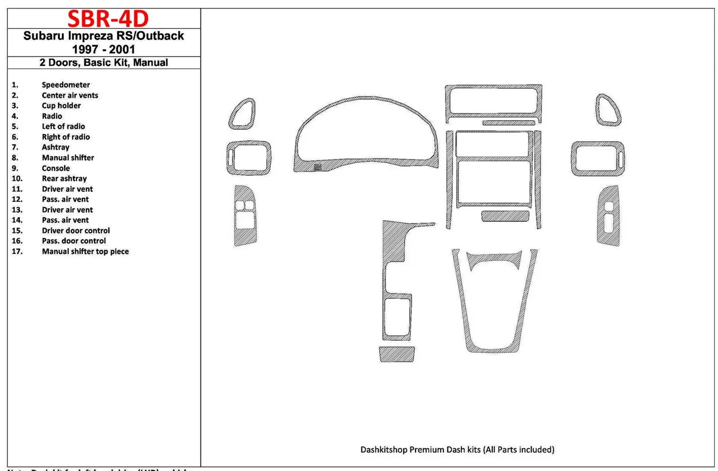 Subaru Impreza RS 1997-UP 2 Des portes, boîte manuellebox, Paquet de base, 17 Parts set BD Kit la décoration du tableau de bord 