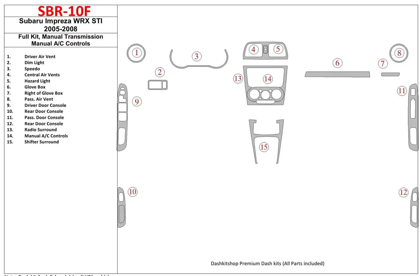 Subaru Impreza WRX 2005-2008 Ensemble Complet, boîte manuelle Box, boîte manuellebox AC Control BD Kit la décoration du tableau 