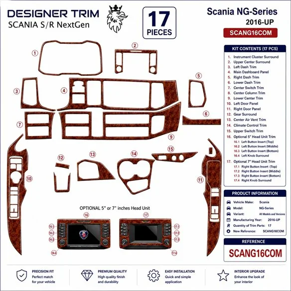 Scania NG-Series ab 2016 kit décor tableau de bord 3D, 17 pièces