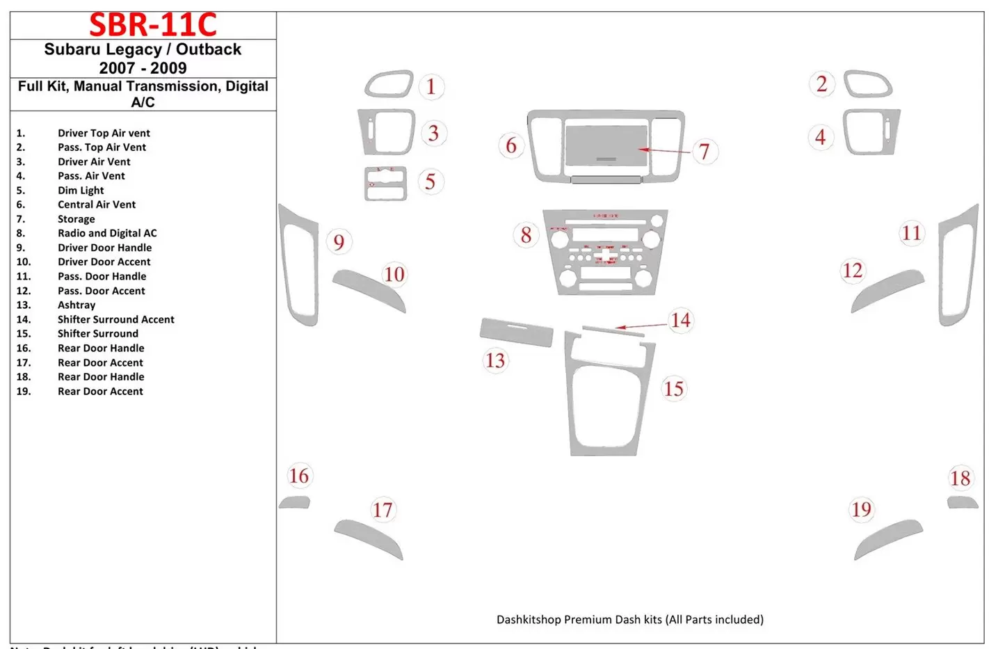Subaru Legacy 2007-2009 Ensemble Complet, boîte manuelle Box, Automatic AC BD Kit la décoration du tableau de bord - 1 - habilla