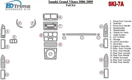 Suzuki Grand Vitara 2006-2009 Ensemble Complet BD Kit la décoration du tableau de bord - 1 - habillage decor de tableau de bord