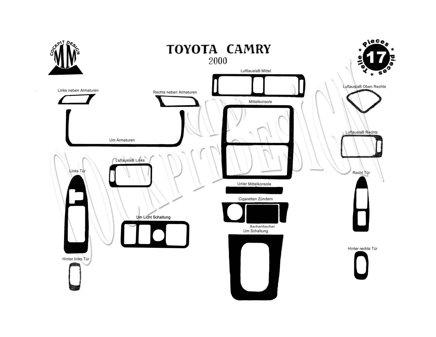 Toyota Camry 00-02 Kit la décoration du tableau de bord 17-Pièce - 1 - habillage decor de tableau de bord