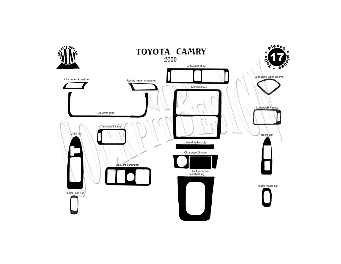 Toyota Camry 03-06 Kit la décoration du tableau de bord 18-Pièce - 1 - habillage decor de tableau de bord