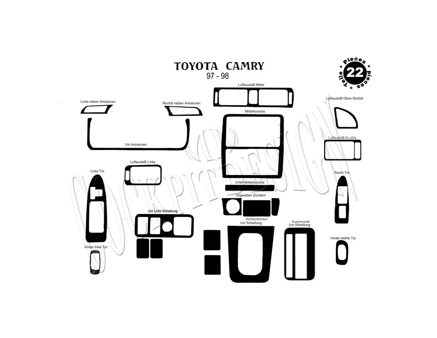 Toyota Camry 97-99 Kit la décoration du tableau de bord 24-Pièce - 1 - habillage decor de tableau de bord