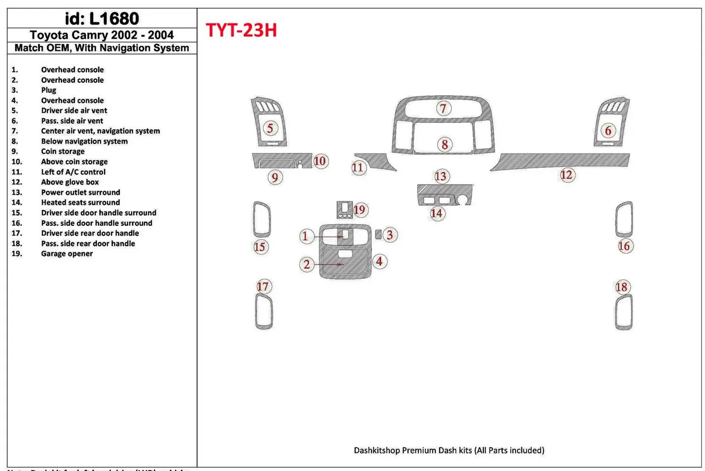 Toyota Camry 2002-2004 OEM Compliance, Avec NAVI system BD Kit la décoration du tableau de bord - 1 - habillage decor de tableau
