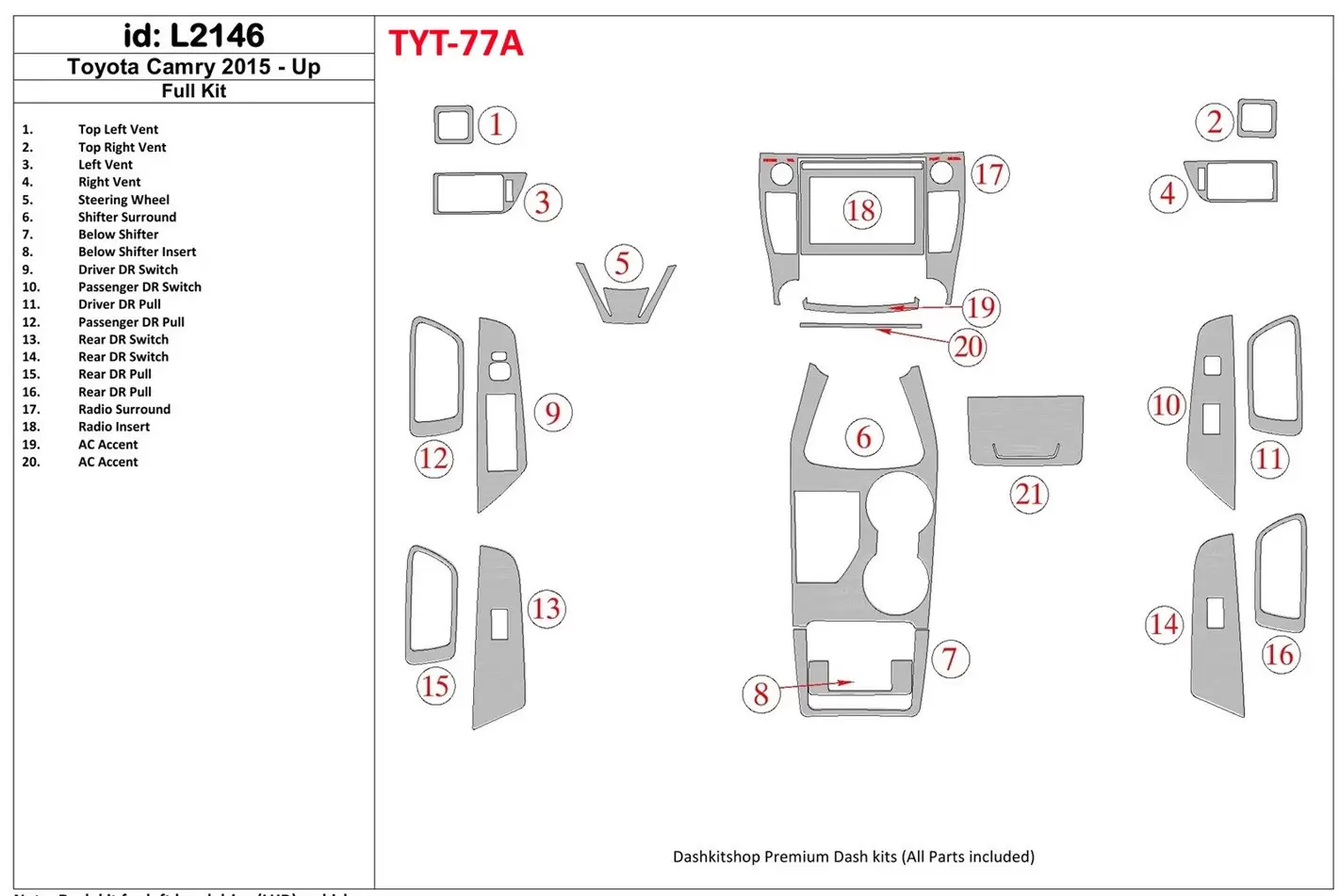 Toyota Camry 2015-UP Ensemble Complet BD Kit la décoration du tableau de bord - 1 - habillage decor de tableau de bord